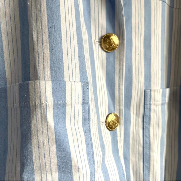 J.Crew Patch Pocket Blazer Sz M Striped Linen Nautical Blue White Gold Button - Picture 15 of 16